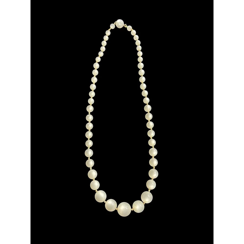 Vintage Graduated Faux Moonstone Hand Knotted‎ Bead Necklace White Opalescent